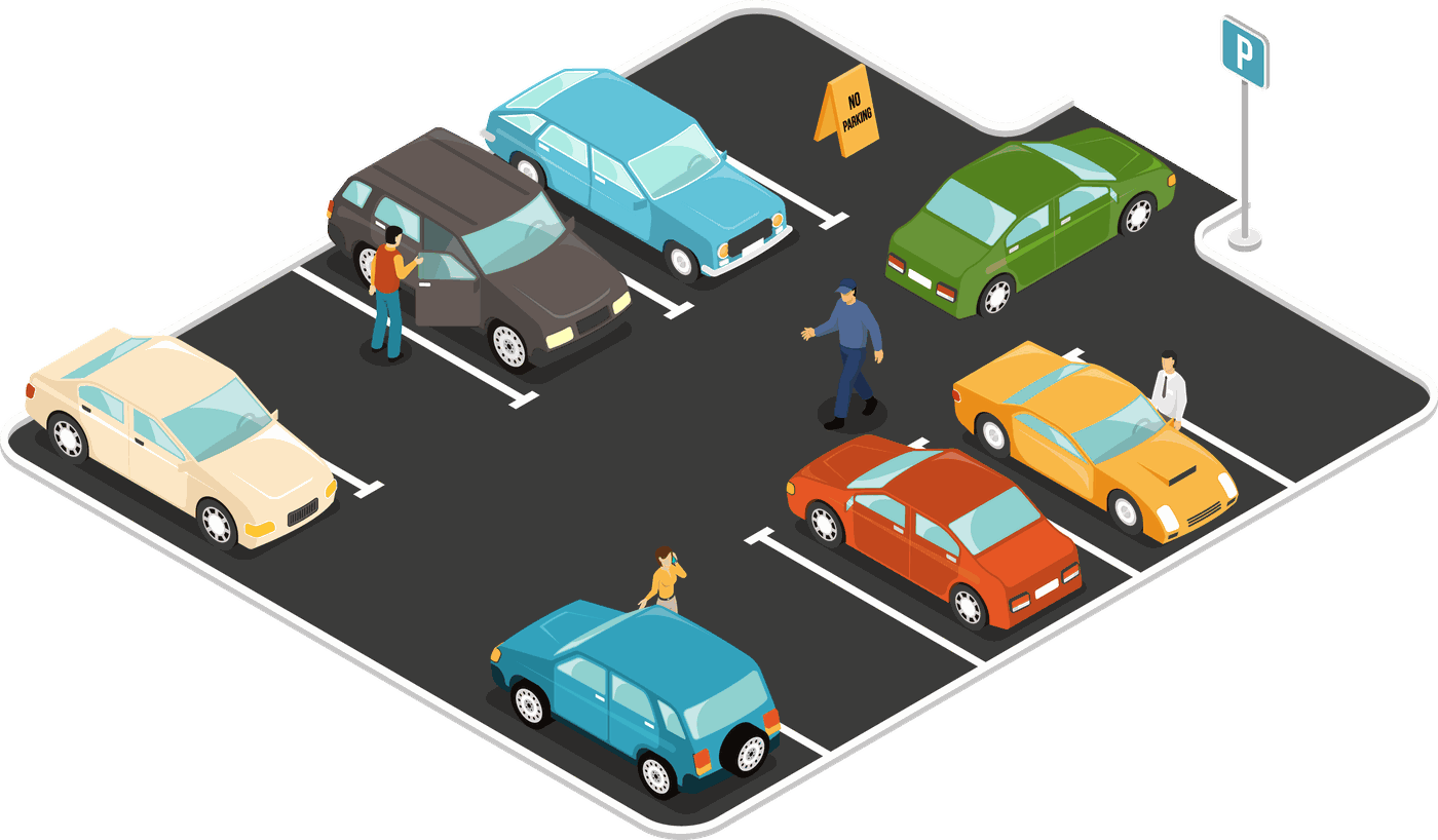 Schematische Darstellung eines Parkplatzes mit markierten Stellplätzen und einem Parkleitschild